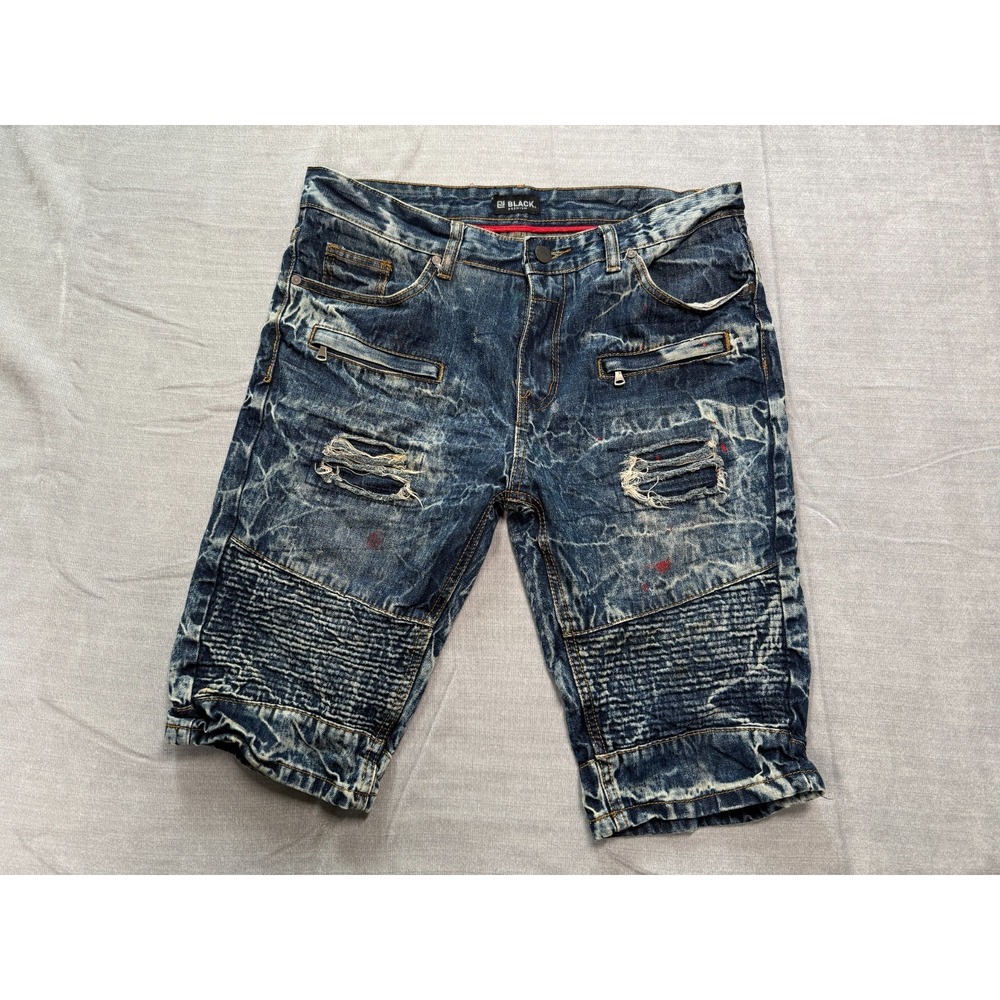 Black Premium Mens 32 Distressed Moto Denim Shorts Acid Wash Zip Pockets
